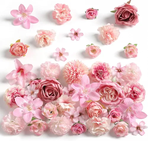 Miniatura 14 de rongflower Cabezas de flores falsas para manualidades, rosas artificiales de seda negra, peonías, margaritas y cabezas florales (paquete de 48)