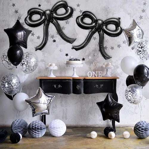 Miniatura 4 de 2 piezas de decoraciones de cumpleaños con lazo, globos de lazo negro, decoraciones de fiesta con lazo, globo gigante de papel de aluminio