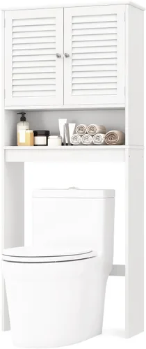 Miniatura 9 de Giantex Armario de almacenamiento sobre el inodoro, organizador de baño de 3 niveles con 2 puertas con rejillas, estante ajustable, independiente