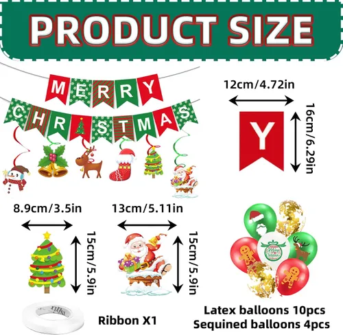 Miniatura 2 de Cartel de decoración de Feliz Navidad, decoración colgante de interior para fiesta de Navidad con 6 serpentinas en espiral y 14 globos
