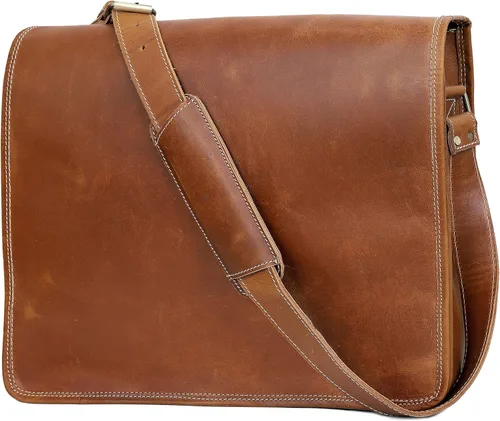 Miniatura 3 de VC VINTAGE COUTURE 18 pulgadas cuero completo solapa mensajero hecho a mano bolsa portátil bolsa bolsa bolsa de mensajero acolchado marrón, Marrón