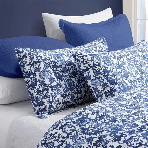 Get Bed Ready Azulejos portugueses vintage Azulejos Funda de edredón de lujo con medallón español pintado cerámica blanca azul patrón mosaicos