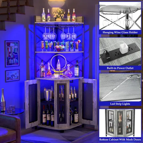 Miniatura 4 de Aheaplus Armario de barra de esquina con toma de corriente, gabinete industrial para vino con tira LED y soporte para vidrio, gabinete de licor de 5