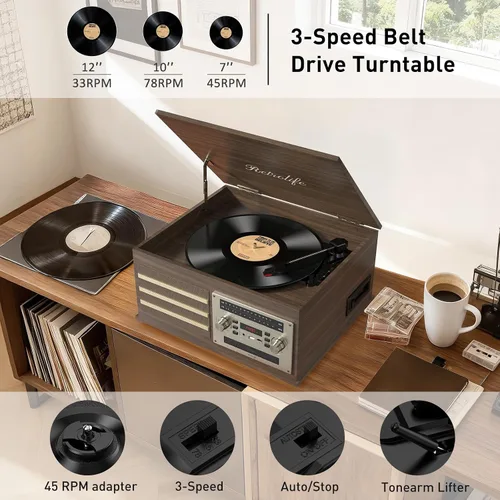 Miniatura 2 de Tocadiscos de vinilo 10-en-1 Centro de música con tocadiscos incorporados, altavoces integrados, soporte de 3 velocidades, entrada/salida