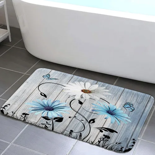 Miniatura 7 de Alfombra de baño rústica blanca floral, flores y mariposas en tabla de madera vieja, antideslizante, juego de alfombras de baño vintage
