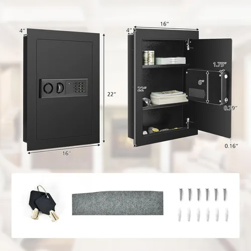 Miniatura 6 de S AFSTAR Caja fuerte de pared, caja de seguridad digital electrónica con teclado y 2 llaves de emergencia, estante extraíble y luces LED, caja