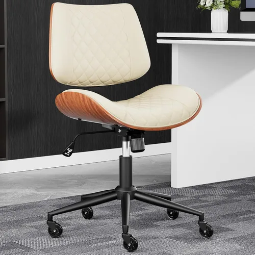 Home Office Desk Chair with Swivel Wheels, Mid-Century Modern PU Leather Armless Office Chair, Small Mid Back Computer Chair for Home Office,