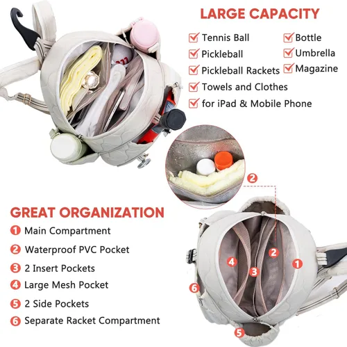 Miniatura 4 de Bolsa de tenis acolchada para mujer – Mochila de tenis y bandolera Capacidad para 2 raquetas o 3 paletas de pickleball Bolsa ligera para raqueta