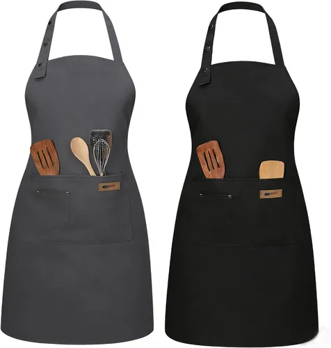 Paquete de 2 delantales de cocina ajustables para mujeres y hombres con bolsillos, delantal de trabajo, parrilla, restaurante