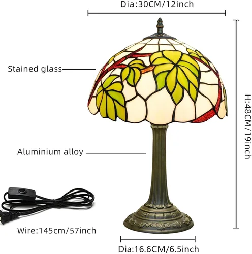 Miniatura 3 de Tiffany - Lámpara de mesa con vitrales de 12 pulgadas, hoja de uva verde, estilo Tiffany, lámpara vintage Nouveau para dormitorio, sala de estar