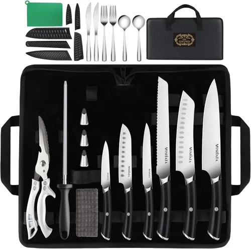 Miniatura 10 de MOSFiATA Juego de cuchillos de cocina, 17 piezas de cuchillos japoneses de acero inoxidable para cocina con bolsa de almacenamiento de tela Oxford