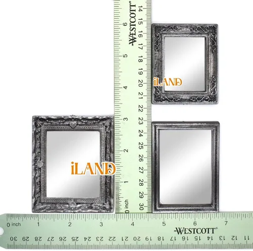 Miniatura 5 de iLAND Mini espejos, accesorios para casa de muñecas a escala 1:12, espejo en miniatura de vidrio enmarcado (plata oscura 4 piezas)
