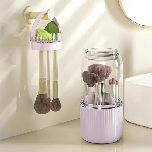 Organizador giratorio de 360 brochas de maquillaje, organizador de cosméticos de plástico morado con función de limpieza y secado, soporte para