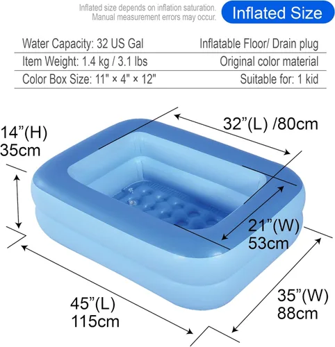 Miniatura 3 de HIWENA Piscina inflable para niños, 45 x 35 x 14 pulgadas, piscina azul para niños, bañera de verano con suelo suave inflable