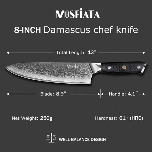 Miniatura 5 de MOSFiATA Juego de cuchillos de chef profesional de Damasco, 3 piezas, cuchillo de chef de 8 pulgadas, cuchillo Santoku de 7 pulgadas y cuchillo