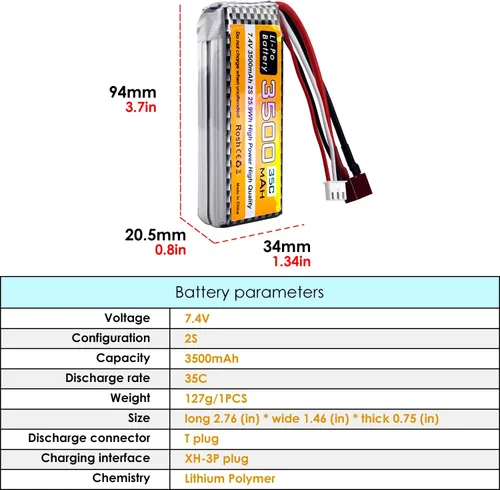 Miniatura 2 de 1PCS 7.4V 35C 3500mAh T Plug XT60 Plug Batería de litio para WLTYOS 104001 144010 144001 124007 124016 124017 124018 124019 MJX 14301 14301 144014