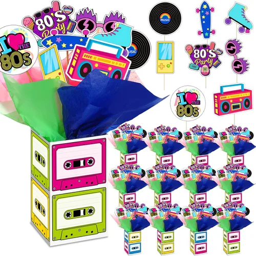 Miniatura 7 de 6 juegos de decoraciones retro de los años 80 para fiestas de los 80, centros de mesa retro de hip hop con caja de cinta de casete recortes y palos