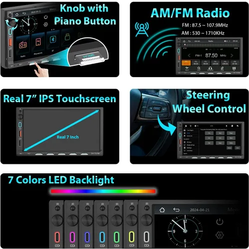 Miniatura 7 de Estéreo de auto doble DIN con pantalla táctil de 7 pulgadas, compatible con Apple CarPlay, Android, Bluetooth, radio AM/FM, USB, carga rápida 3A