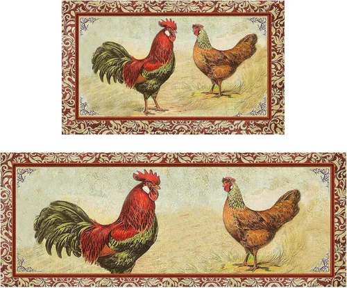 Miniatura 11 de Juego de 2 alfombras y tapetes de cocina de gallo para piso, alfombra de cocina de gallo de granja, tapete de cocina de pollo negro frente al