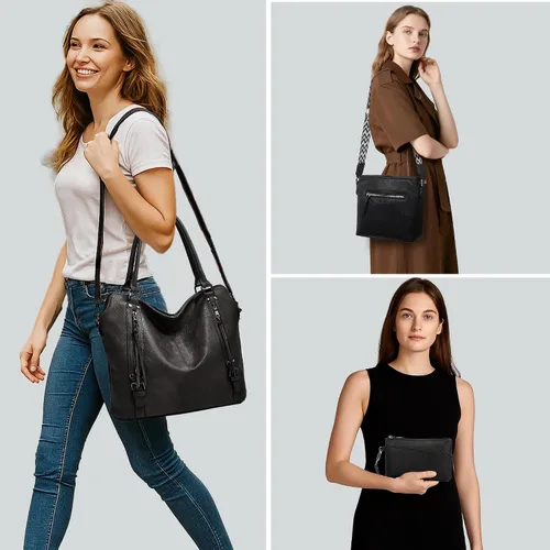 Miniatura 2 de TANTOMI Bolsos de mano para mujer, bolso cruzado grande de cuero, bolso de hombro con cartera correas ajustables Negro