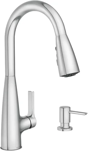 Moen Haelyn - Grifo de cocina monocontrol con rociador extraíble cromado con potencia para una limpieza más rápida, dispensador de jabón incluido,