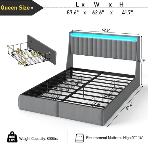 Miniatura 2 de SADENICEL Base de cama de tamaño completo con cabecera de almacenamiento y 4 cajones, plataforma de base de cama de metal completo con luz LED