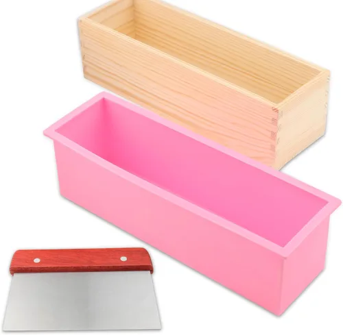Miniatura 4 de Juego de 5 moldes de silicona para jabón de 45 onzas, juego flexible de 2 moldes rectangulares para hacer jabón con 1 molde de jabón de madera, 1