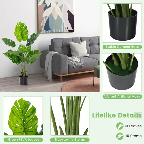 Miniatura 3 de GOFLAME Planta artificial Monstera Deliciosa, árbol sintético en maceta de 4 pies con 10 hojas falsas verdes, planta de queso suizo para decoración