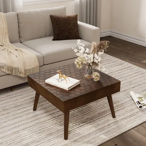 Miniatura 13 de COSIEST - Juego de mesa auxiliar redonda moderna y mesa auxiliar, tapa de madera con aspecto de mármol falso, patas de nogal y crema blanca, mesa