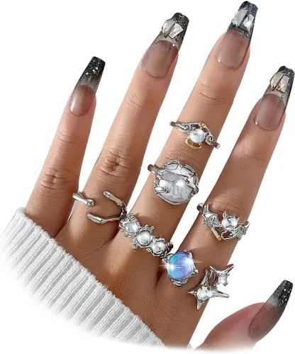 Miniatura 2 de KISS WIFE Cute Rings Set Multi-style available Y2K Preppy Aesthetic Ring Sets for Teen Girls Women, Colorful Trendy Jewelry Gold Stackable Joint