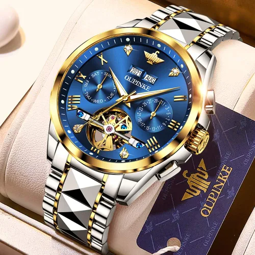 Miniatura 3 de OLEVS Relojes automáticos de esqueleto mecánico para hombres, 5ATM, impermeables, de tungsteno, acero inoxidable, cuerda automática, para hombre