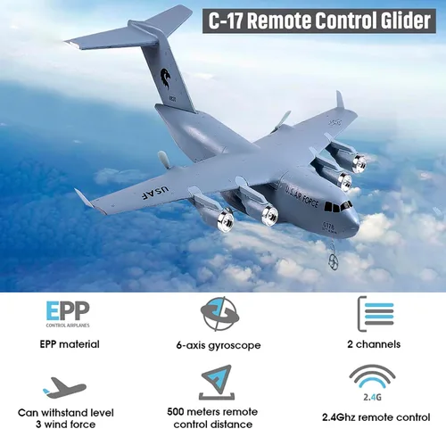 Miniatura 2 de Avión RC, C-17 Globemaster III Avión de transporte militar, avión RC de 2 canales 2.4 GHz listo para volar con estabilizador giroscopio de 6 ejes