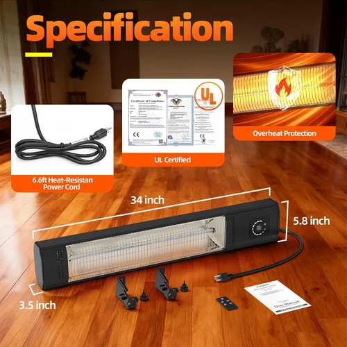 Miniatura 9 de Calentador eléctrico infrarrojo para patio de 34 pulgadas y 1500 W montado en la pared con control remoto y sensor de movimiento, 9 niveles