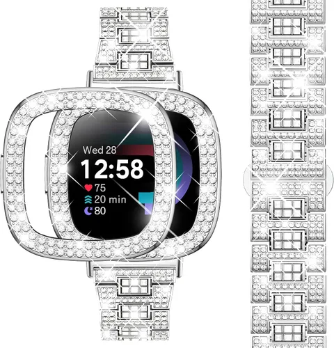Miniatura 14 de Dsytom Bling Banda de Reloj Elegante Compatible con Fitbit Versa 4, Sense 2, Versa 3, Sense - Correa Linda con Funda Protectora de Rinstone