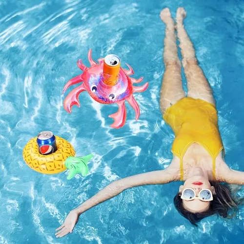 Miniatura 7 de Soporte inflable para bebidas, paquete de 25 flotadores inflables para bebidas de piscina + 1 bomba de mano, flotadores de bebidas para fiesta