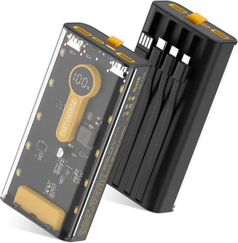 Miniatura 8 de Cargador portátil con cables integrados, banco de energía Mandarooker de 10000 mAh con lámpara LED, carga rápida, USB C, batería externa, cargador