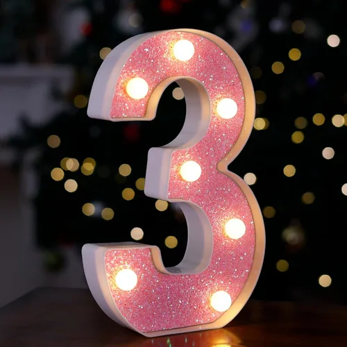 Miniatura 26 de Letras con luces LED, letras de marquesina con brillantina rosa, letras del alfabeto, letreros iluminados por pilas, para decoración de fiestas