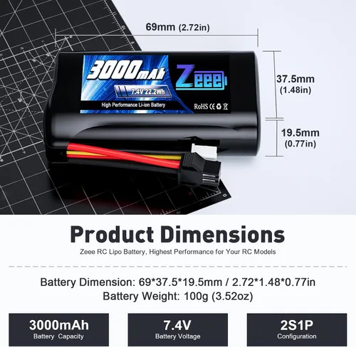 Miniatura 2 de Zeee 2S - Batería de iones de litio de 3000 mAh, 7.4 V, conector SM 2P, batería recargable RC con cargador de batería de 7.4 V, compatible con WPL