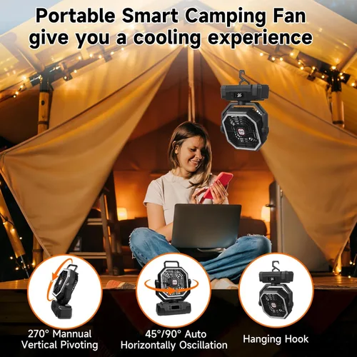 Miniatura 5 de Sireck Ventilador de campamento de 40000 mAh, ventilador personal portátil de 10 pulgadas con control remoto, linterna LED, 5 velocidades, Negro-10