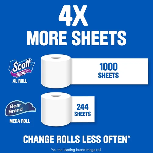 Miniatura 5 de Scott - 1000 hojas por rollo de papel higiénico, 4 rollos, toallas de baño