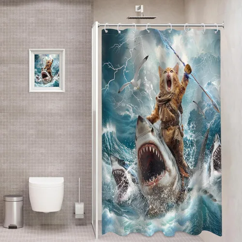 Miniatura 2 de Cortina de ducha divertida con diseño de gato pequeño para montar tiburón, océano, surf, playa, olas de mar, rayos, 48 pulgadas de ancho x 72