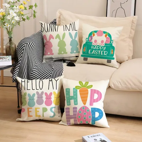 Miniatura 5 de Hongsome - Juego de 4 fundas de almohada decorativas de Pascua de 18 x 18 pulgadas, de lino, con diseño de conejo y huevo, para sofá grande, sofá