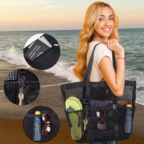 Miniatura 3 de Bolsa de playa - Bolsa tote de malla para vacaciones en la playa, ropa para mujeres, bolsa para piscina para viajes, piscina, crucero familiar