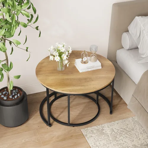 Miniatura 7 de Smuxee - Juego de 2 mesas de café anidadas, mesa de café redonda de 27.6" con tapa de grano de madera y patas ajustables antideslizantes, mesa Marrón