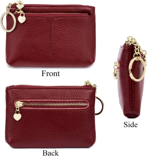 Miniatura 3 de ZOOEASS Mini monedero con cremallera de cuero genuino para mujer, con llavero con triple cremallera, tarjetero
