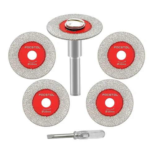 FOCSTOL - Mini disco de corte de vidrio de diamante, 5 hojas de sierra de 1-3/16 pulgadas (1.181 in) y 1 vástago redondo de 1/4 pulgadas (0.236 in)