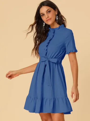 Miniatura 2 de Allegra K Vestido camisero de algodón ajustado y acampanado para mujer con cinturón y botones frontales con volantes, M