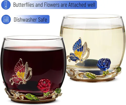 Miniatura 4 de BTAT - Juego de 2 copas de vino sin tallo, 10 onzas, rojo/azul, diseño de mariposa y flor con caja de regalo, copas de vino florales