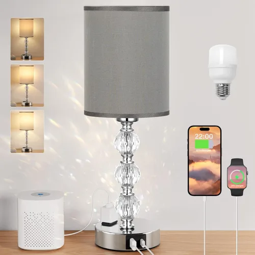 Miniatura 11 de Lámparas de noche táctiles blancas para dormitorios, lámpara de mesa de cristal con puerto de carga USB C+A y mesita de noche de salida de CA