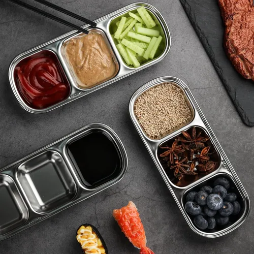 Miniatura 3 de 3 cuencos de acero inoxidable para salsa de soja, 3 rejillas divididas, platos de acompañamiento para salsa de soja, salsa de tomate, condimentos